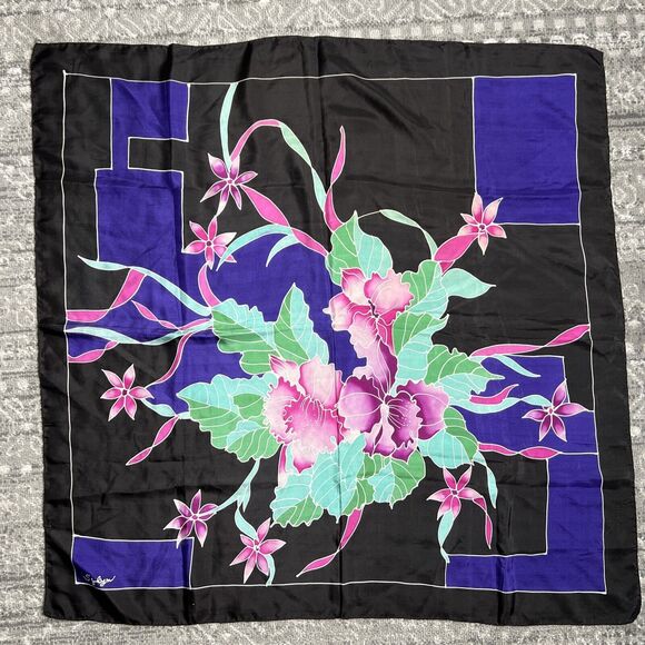 Silk Scarf Square Floral Signed Black Purple Flowers Asian Inspired 34" - Picture 1 of 5